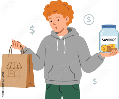 A man holds a shopping bag and a savings jar with coins and dollars.