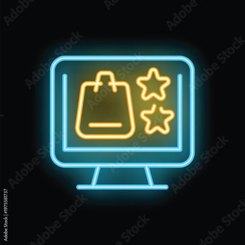 Neon icon of a computer screen showing a shopping bag and star symbols, representing customer satisfaction and positive reviews for online purchases