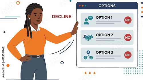 A woman presents options on a digital interface with declining choices.