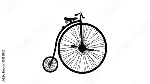 Black silhouette of a vintage penny farthing bicycle with large front wheel on white background