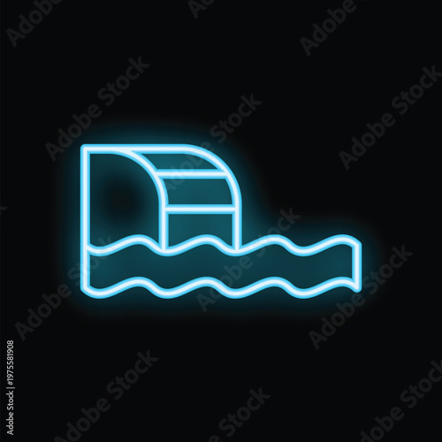 Glowing blue neon sign of a pool enclosure covering swimming pool for safety