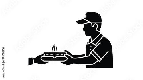 Delivery person in a cap handing over a hot steaming pizza box to a customer black