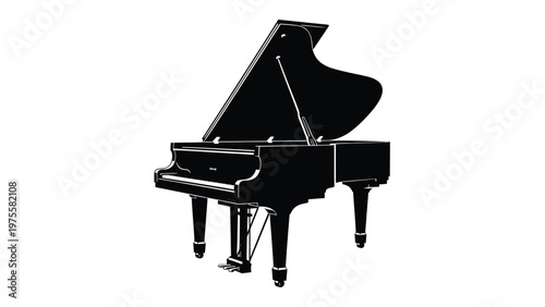 Detailed black silhouette of a grand piano isolated on a plain white background for music concepts