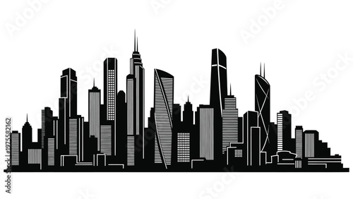 Detailed black silhouette of modern city skyline featuring tall skyscrapers and urban architecture