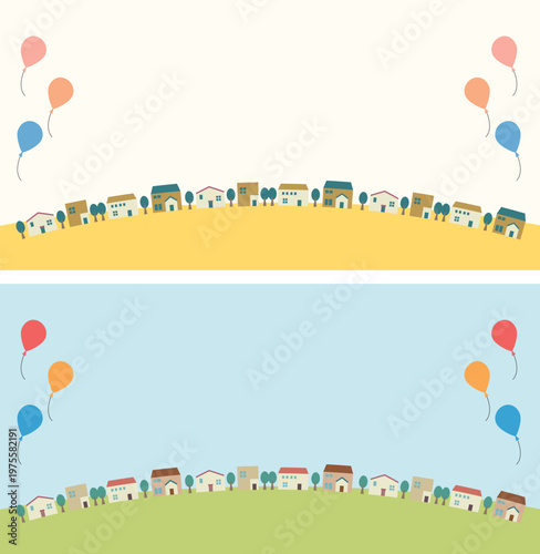 カラフルな風船と街並みの背景