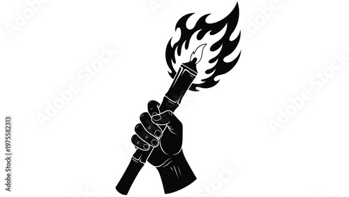 Human hand holding a burning torch with flickering flames representing leadership and enlightenment