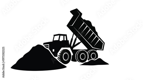 Heavy duty dump truck silhouette unloading earth construction site machinery vehicle