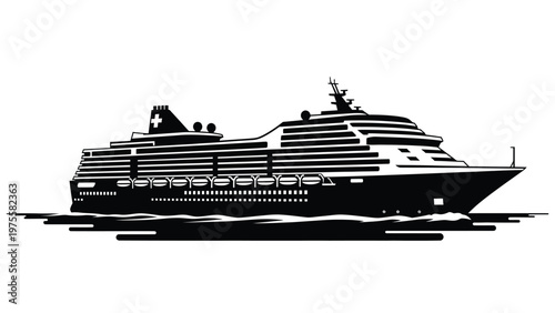 Large luxury cruise ship sailing on the ocean waves isolated on a white background silhouette