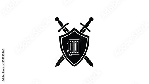 Medieval shield with two crossed swords and radiator symbol in the center black and white