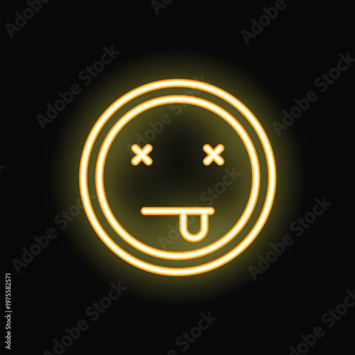 Glowing neon yellow emoji sticking its tongue out with its eyes crossed on a black background