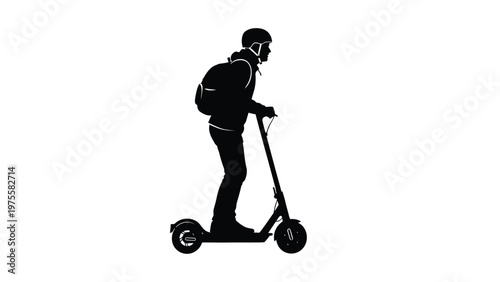 Person riding electric scooter silhouette commuter wearing helmet and backpack urban transportation