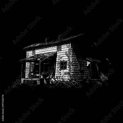 hand-drawn vector illustration of a creepy, abandoned old farmhouse. Detailed stipple and engraving style.
