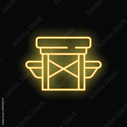 Yellow glowing neon sign representing a water well, with a crank on the side, on a black background