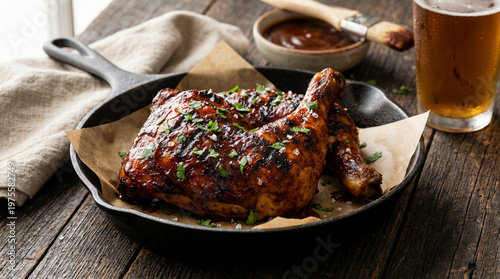 Delicious grilled BBQ chicken legs glazed with a sticky sauce and herbs in a cast iron skillet. A cold glass of beer and a dark wooden table complete the appetizing meal.