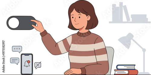 Woman sitting at desk taking photo with device next to phone and books