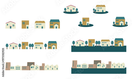 くすみカラーの家と街並みのアイコンイラストセット