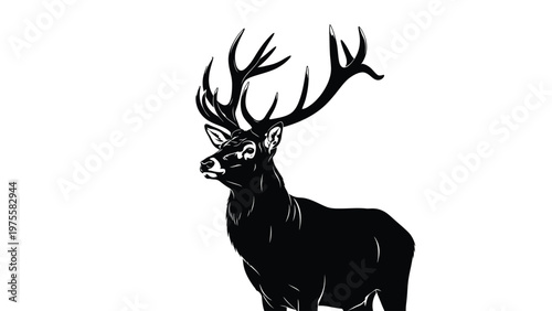 Red deer stag silhouette with large antlers isolated on a solid white background
