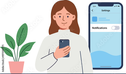 Woman checks phone settings next to plant on table indoors