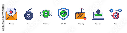 Online Security web banner icon vector illustration featuring Malware, Bomb, Antivirus, Shield, Phishing, Password, and Gear.