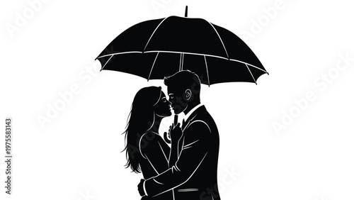 Romantic couple standing together under a large open umbrella during a rainy day black silhouette