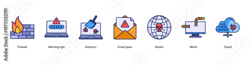 Network Defense web banner icon vector illustration featuring Firewall, Warning Sign, Antivirus, E-mail Spam, Hacker, Worm, and Cloud.