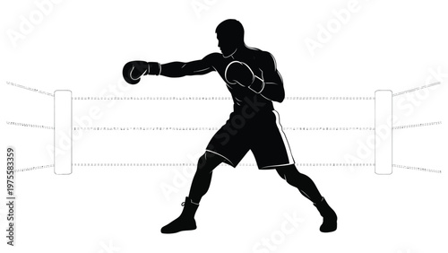Silhouette of a boxer throwing a punch inside a boxing ring with ropes isolated sport