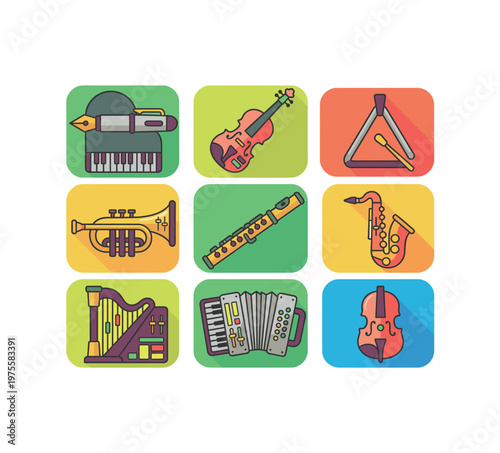 Classical Musical Instruments Icons Set in Colorful Rounded Squares, Piano, Violin, Trumpet, Flute, Saxophone, Harp, Accordion, Cello and Triangle