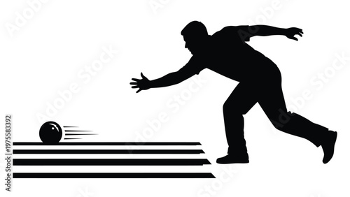 Silhouette of a bowling player throwing a ball down the lane on a white background for sports