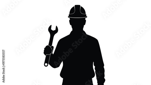 Silhouette of a construction worker wearing a hard hat and holding a large metal wrench tool