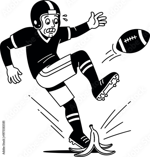 A football player slipping on a banana peel while kicking the ball