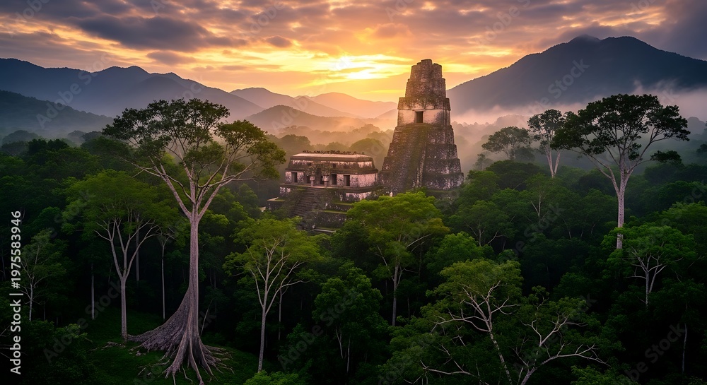 Obraz premium Ancient Mayan Temple at Sunset - Majestic Ruins in Lush Jungle.