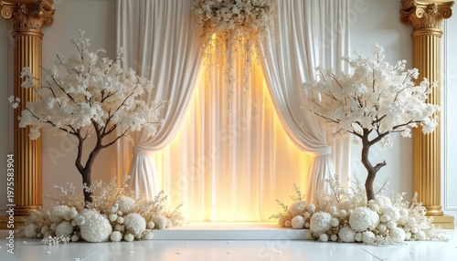 Luxurious wedding stage decor with white flowers and flowing drapery. Golden columns frame the scene with illuminated backdrop. Elegant ceremony setup for a romantic celebration.