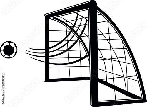 A soccer ball flying into a goal net in a dramatic motion