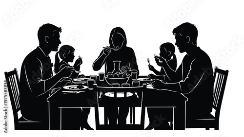 Silhouette of a happy family eating dinner together at a dining table in a cozy home setting