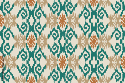 Bohemian Ikat Seamless Pattern Background with Ethnic Tribal Geometric Ornament, Traditional Uzbek Atlas Textile Design for Fashion, Home Decor, and Fabric Print in Teal and Ochre.