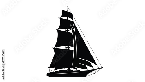 Silhouette of a large sailing ship with multiple masts and full sails isolated on white background
