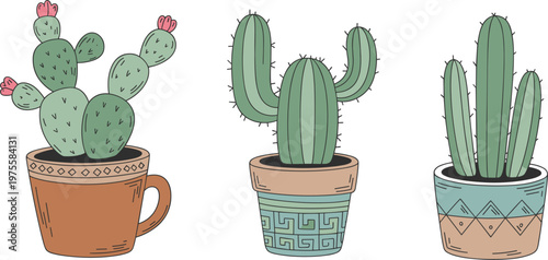 Hand drawn cactus plants in decorative pots cute desert houseplant illustration