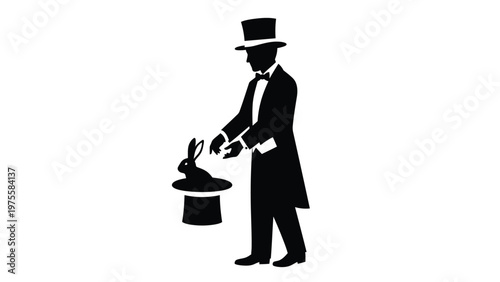 Silhouette of a magician in a hat performing a magic trick with a rabbit in a hat on white