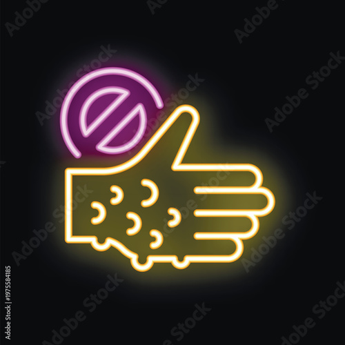 Neon sign showing a hand with a skin allergy and a stop sign, representing a warning against skin irritation