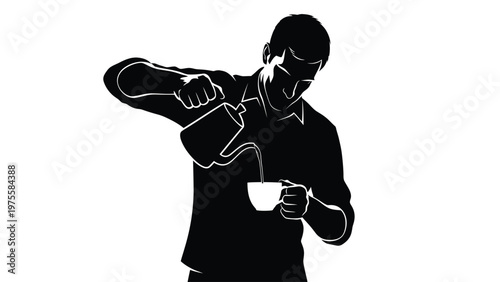 Silhouette of a man pouring hot coffee from a kettle into a small ceramic cup in the morning