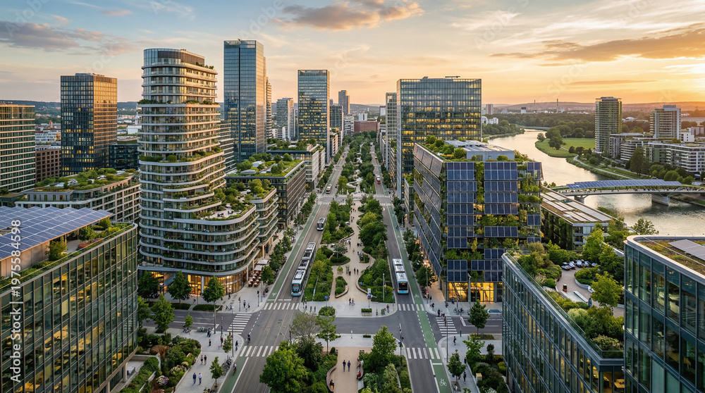 Obraz premium Sustainable City Infrastructure with Solar Panels and Modern Architecture at Sunset