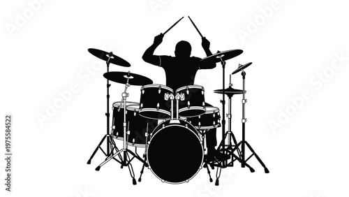 Silhouette of a musician playing a drum kit with cymbals and snare drums on white background