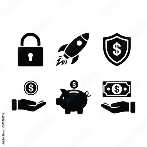 Black finance icons set for business and investment with lock rocket shield money hands piggy bank.
