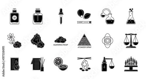 A set of black and white vector icons depicting various perfume and aromatherapy related objects