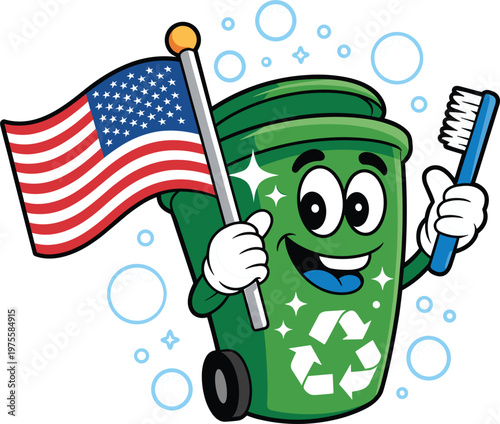 Cute recycling bin mascot holding USA flag and toothbrush eco hygiene illustration