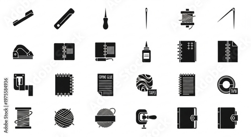 A collection of black and white vector icons depicting various tools and hardware components
