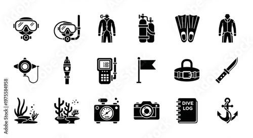 A set of black and white vector icons depicting scuba diving equipment and symbols