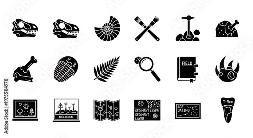 A collection of black and white vector icons depicting various paleontology and geology related symbols and tools.