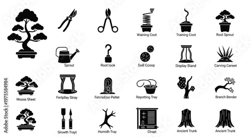 A set of black and white vector icons depicting various bonsai tree care tools and accessories
