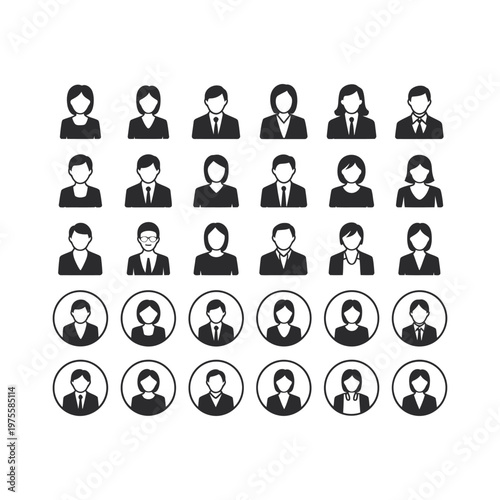 Modern user avatar icons collection with detailed male and female professional faces for business profiles and web interfaces.